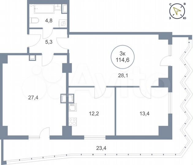 3-к. квартира, 114,6 м², 12/25 эт.
