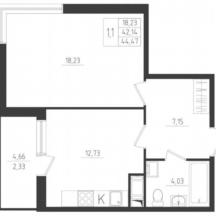 1-к. квартира, 42,1 м², 4/8 эт.