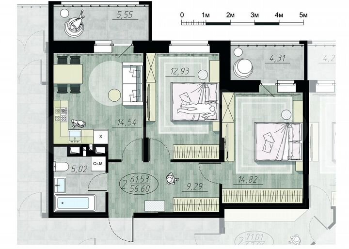 2-к. квартира, 61,5 м², 11/17 эт.