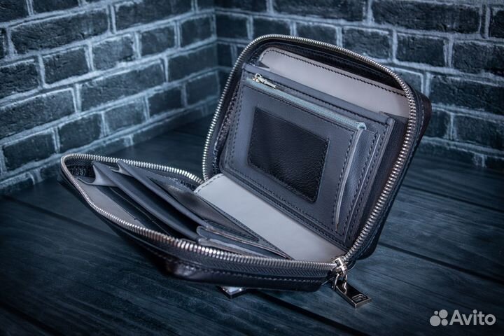 Клатч кожаный на молнии ручная работа черный мужск