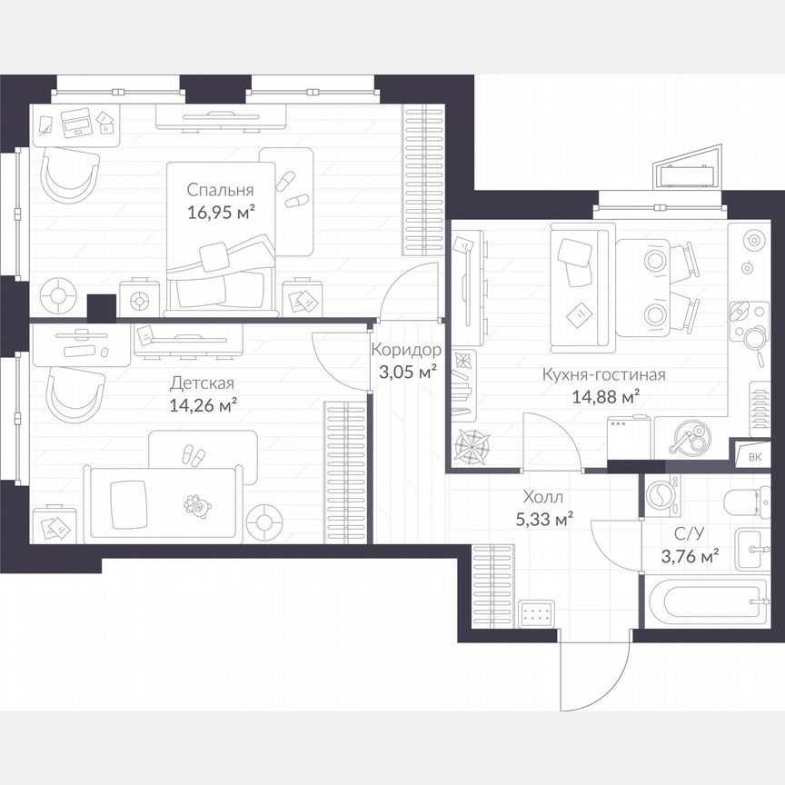 2-к. квартира, 58,2 м², 1/11 эт.