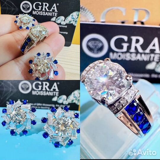 Муассанит бриллиант комплект с сапфирами 4 ct