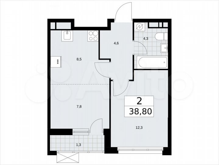 2-к. квартира, 38,8 м², 12/16 эт.