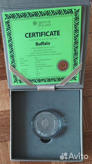Монета 1 доллар Ниуэ 2014 Буйволы Серебро
