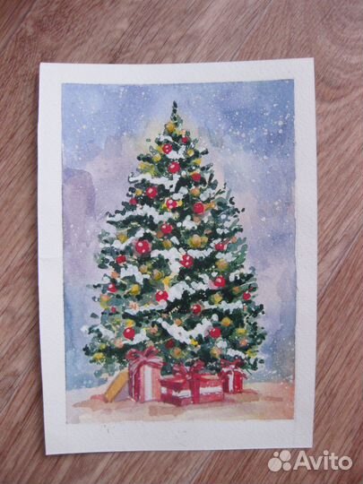 Новогодние акварельные открытки ручной работы