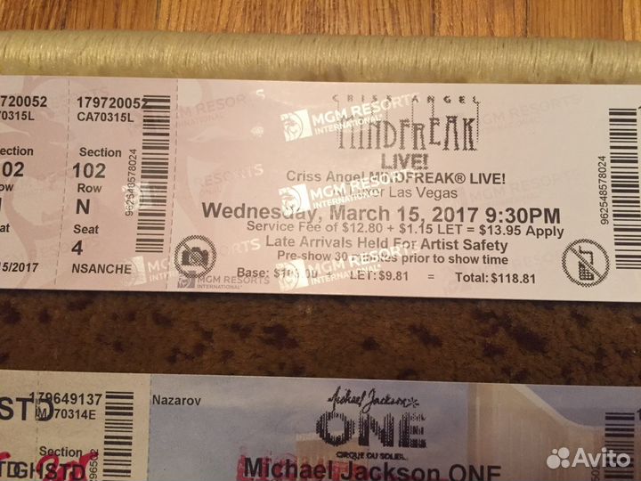 Билеты на шоу в Лас Вегасе (использованные)