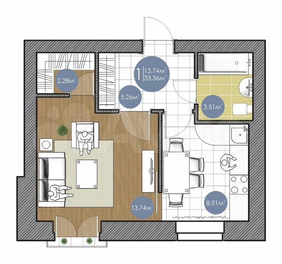 1-к. квартира, 33,4 м², 2/5 эт.