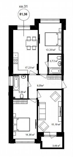 3-к. квартира, 76 м², 2/3 эт.