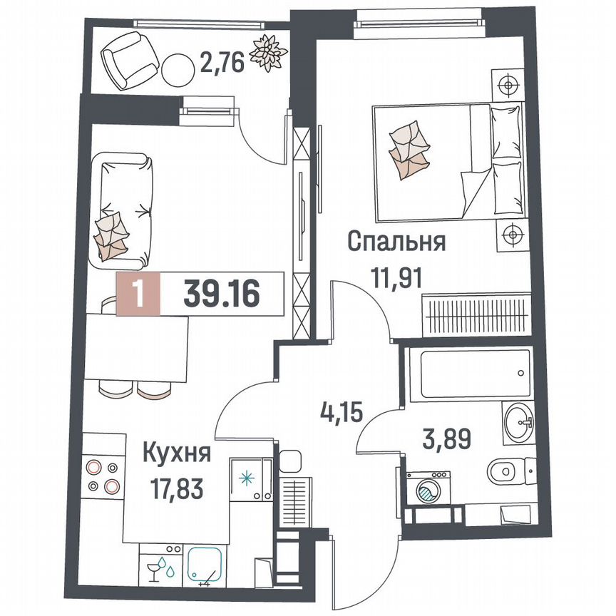 1-к. квартира, 39,2 м², 15/18 эт.