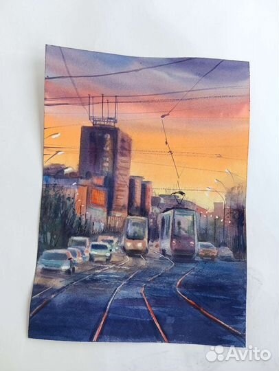 Акварель Вечерний город