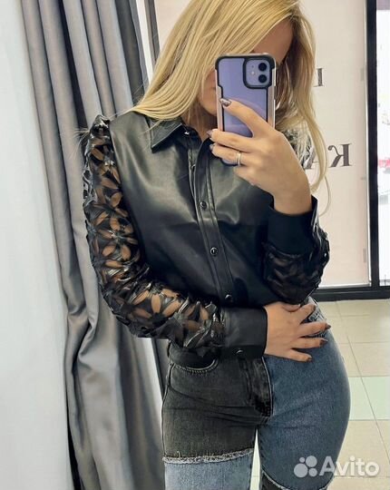 Кожаная кофта, джинсы