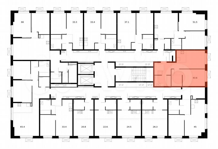 2-к. квартира, 43,6 м², 6/16 эт.