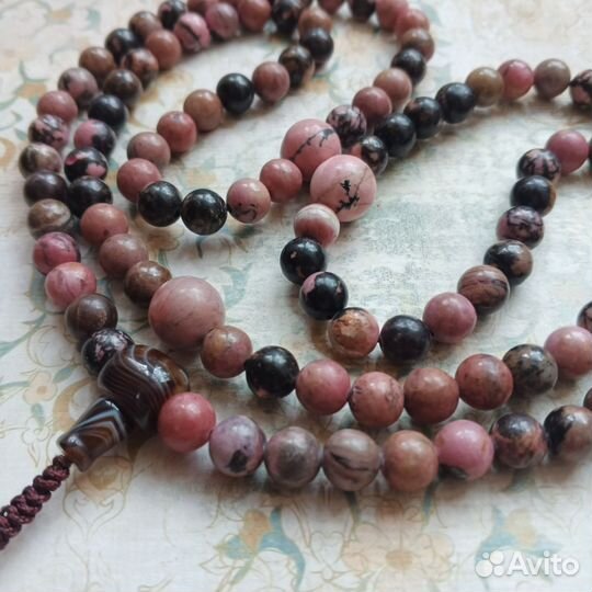 Буддийские четки Мала из родонита, 108 бусин