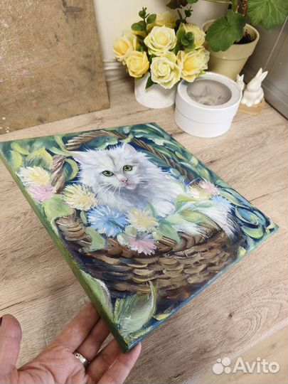 Картина маслом с котом на холсте 30х30см