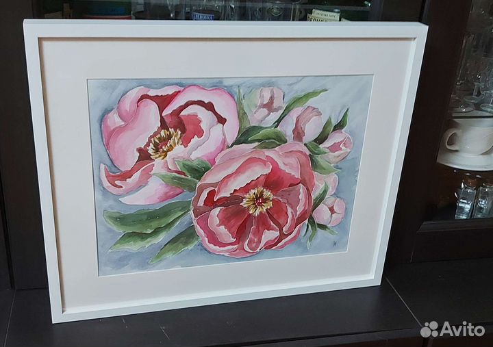Авторская акварель, картина в раме с паспарту