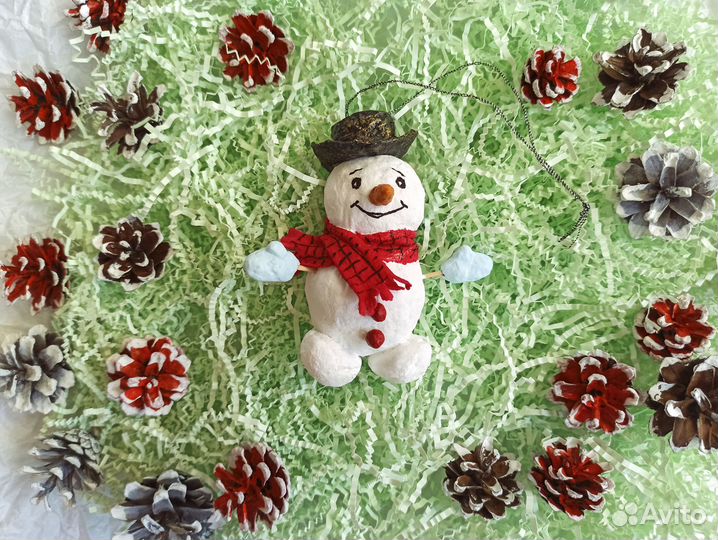 Ёлочная игрушка Снеговик папье-маше