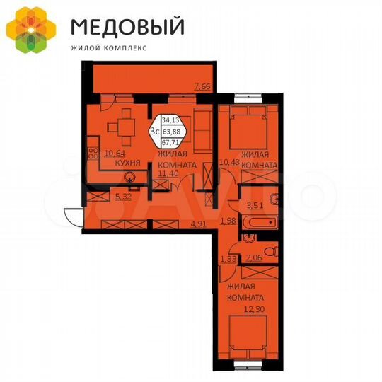 3-к. квартира, 67,7 м², 2/16 эт.