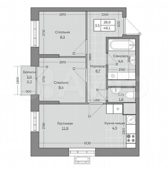 3-к. квартира, 48,1 м², 2/18 эт.