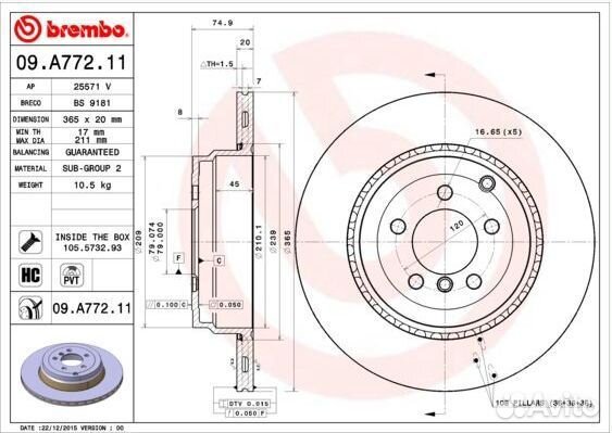 Brembo, 09.A772.11, Диск тормозной LR RR 3 -12 зад