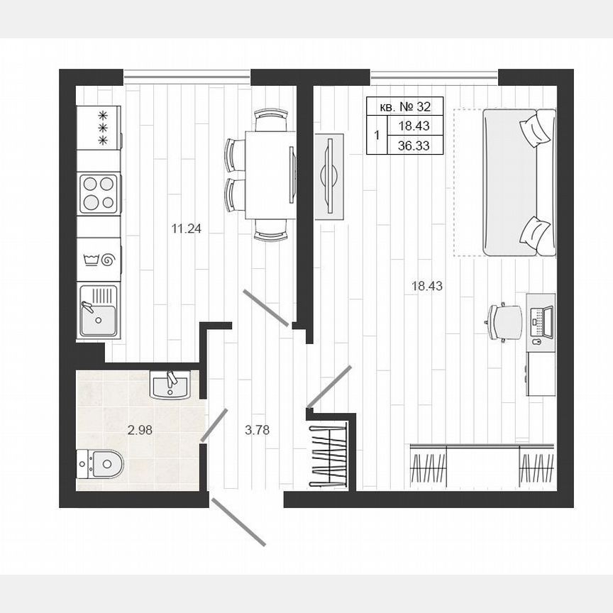 1-к. квартира, 36,3 м², 1/4 эт.