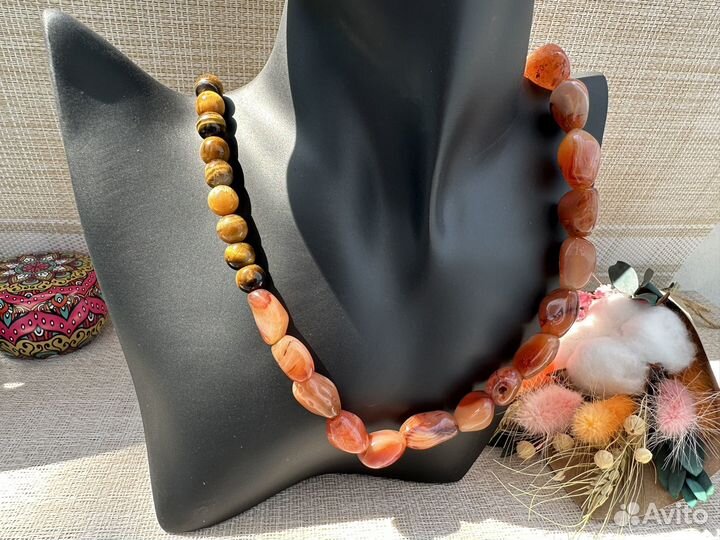 Бусы ожерелье сердолик карамельки тигровый глаз