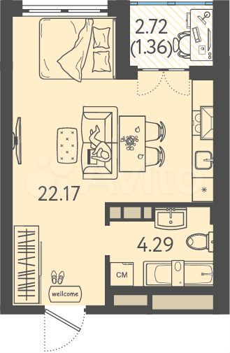 Квартира-студия, 27,8 м², 6/9 эт.