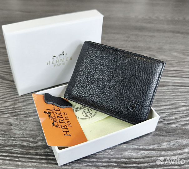 Мужской кожаный кошелёк Hermes black магнит новый