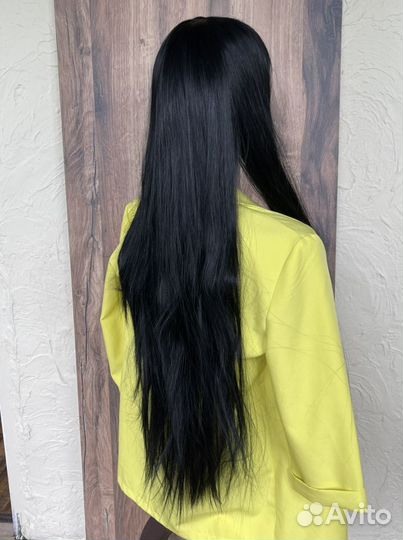 Парик черный длинные прямые волосы с чёлкой