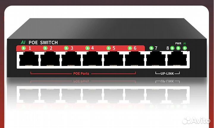 Коммутатор PoE 8 портов(6+2). До 250 метров