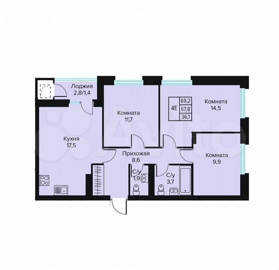 3-к. квартира, 69,2 м², 3/10 эт.