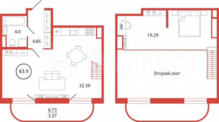 Квартира-студия, 63,9 м², 1/12 эт.