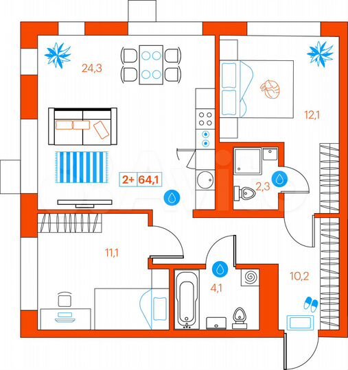 2-к. квартира, 64,1 м², 14/21 эт.