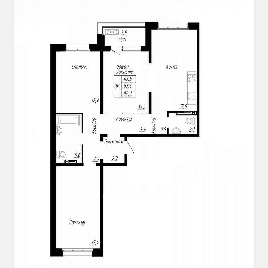 3-к. квартира, 84,2 м², 9/17 эт.