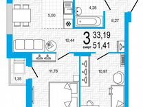 3-к. квартира, 51,4 м², 6/25 эт.