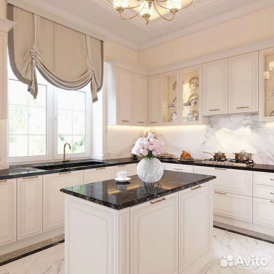 Кухонный гарнитур угловой в потолок с островом на