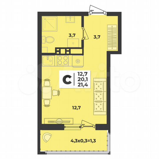 Квартира-студия, 21,4 м², 6/9 эт.