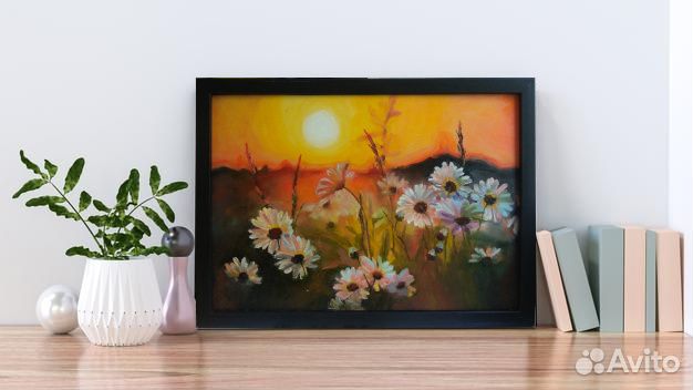 Картина маслом. Цветы. Ромашки на закате