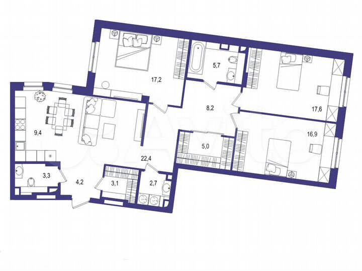 3-к. квартира, 115,6 м², 2/7 эт.