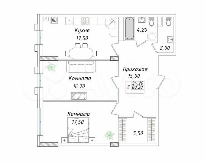 2-к. квартира, 80,2 м², 8/8 эт.