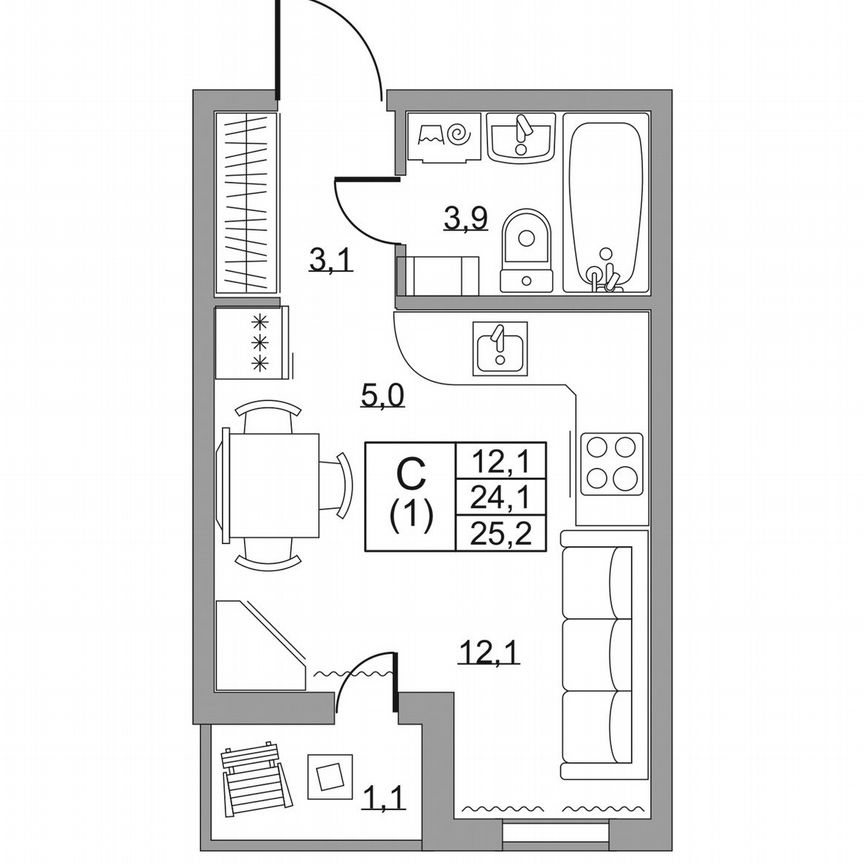 Квартира-студия, 25,2 м², 8/8 эт.