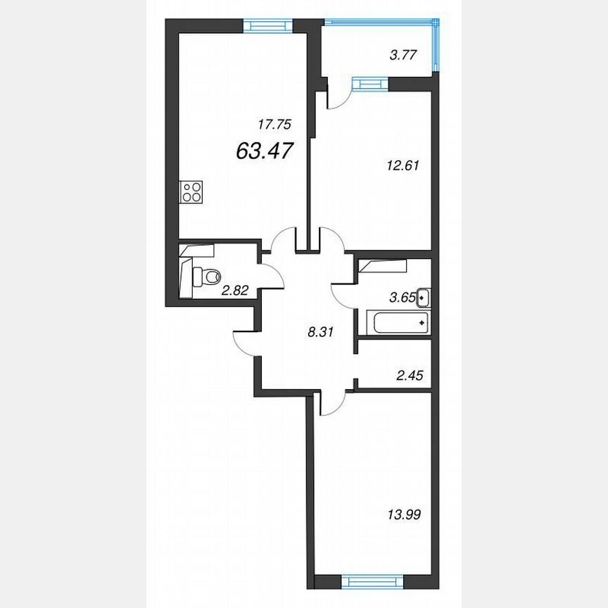 2-к. квартира, 65,4 м², 2/22 эт.
