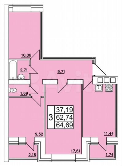 3-к. квартира, 64,7 м², 2/7 эт.