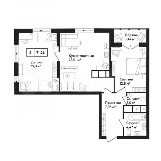 2-к. квартира, 71,3 м², 5/25 эт.