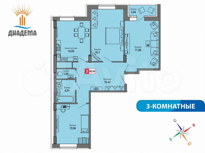 3-к. квартира, 90,3 м², 10/22 эт.