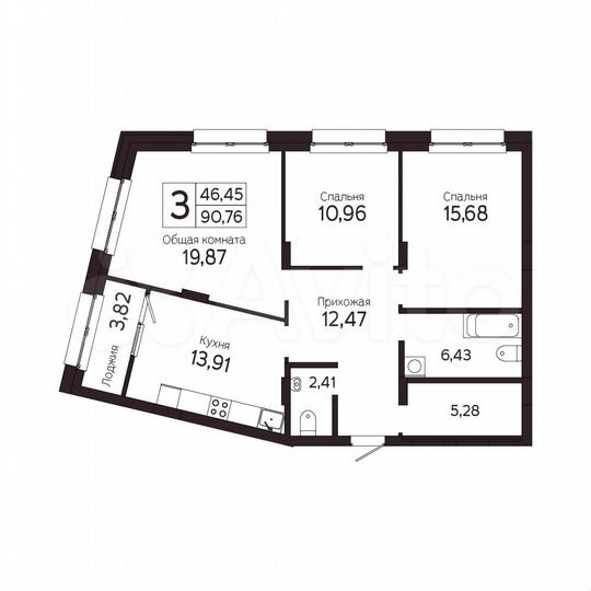3-к. квартира, 90,8 м², 1/7 эт.