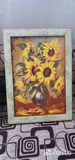 Картина Вышивка Крестиком Подсолнухи в вазе, цветы