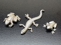 3 серебряные миниатюры : "Ящерица и две лягушки"