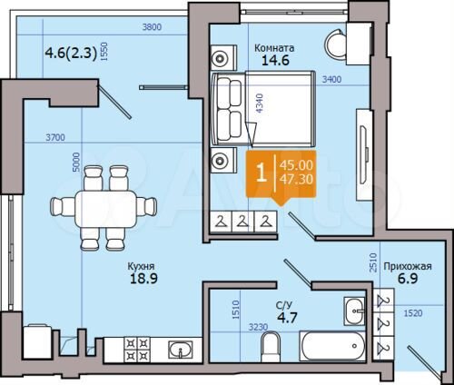 2-к. квартира, 47,3 м², 8/18 эт.