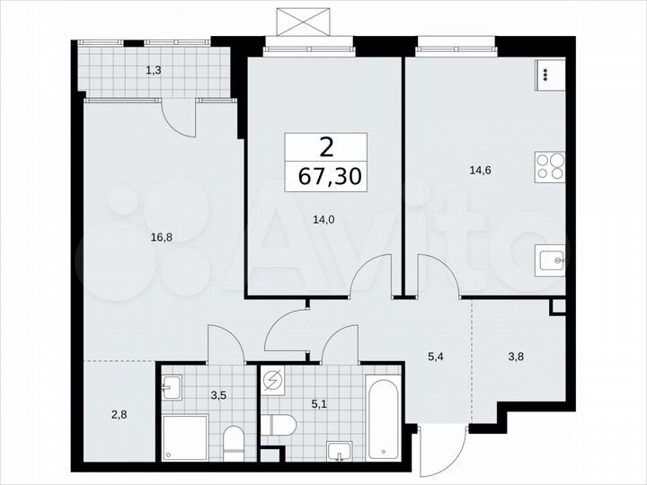 2-к. квартира, 67,3 м², 2/16 эт.