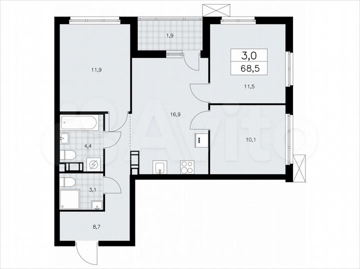 3-к. квартира, 68,5 м², 4/9 эт.